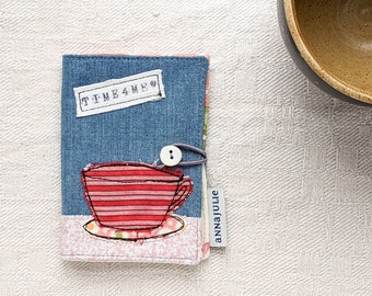 Tea bag case red and blue, booklet for tea bags, playful, flowers, cup appliqued, jeans upcycling, gift for girlfriend