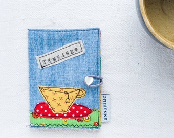 Tea bag case yellow, green and red, booklet for tea bags, playful, flowers and stars, cup appliqued, jeans upcycling, gift for girlfriend