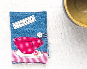 Tea bag case pink and red, booklet for tea bags, playful, roses and stripes, cup appliqued, jeans upcycling, gift girlfriend, dots