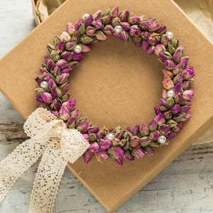 Wreath, Dried roses, Pink rose buds, Shabby chic decor, Romantic gift for her, Wedding decor, Vintage style flower wreath, Mother's Day