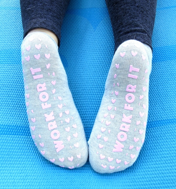 Mothers Day Fun, Cute & Motivating Work for It, Yoga, Barre, Pilates Socks  Pink Heart Grips. Sticky Non Slip Socks With Pink Hearts. 