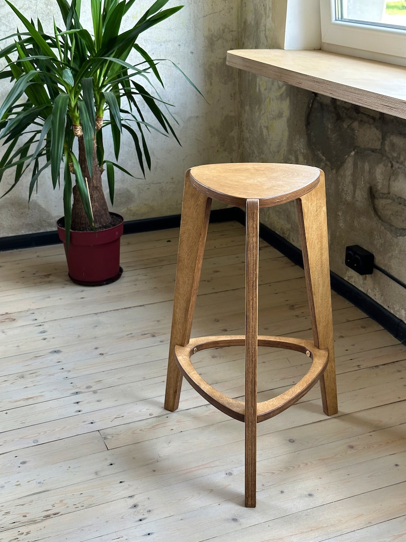 Bar stool in brown, plywood furniture, three legged stool, 24 and 26 height, kitchen chair image 2