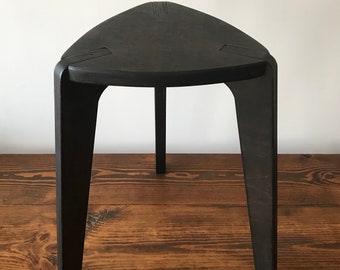 Black stool, wooden stool with three legs, chair, plywood furniture