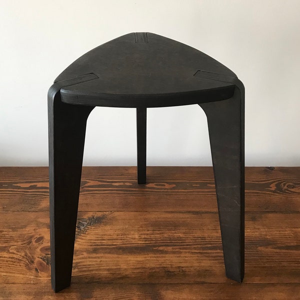 Black stool, wooden stool with three legs, chair, plywood furniture