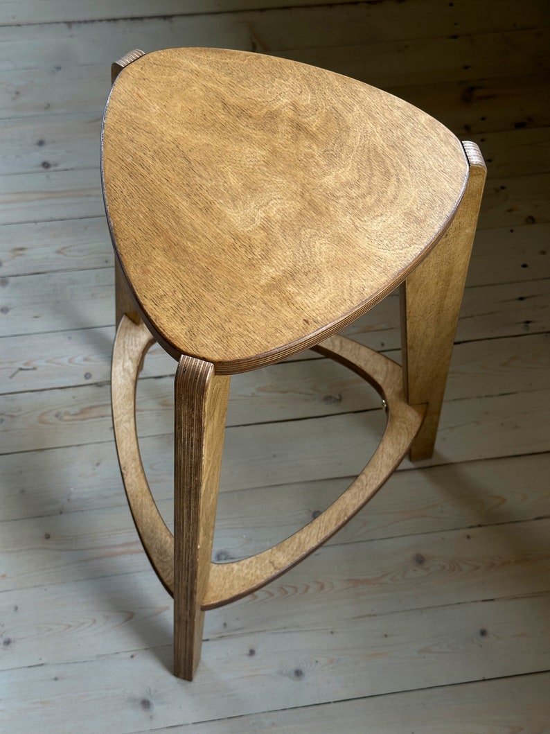 Bar stool in brown, plywood furniture, three legged stool, 24 and 26 height, kitchen chair image 3