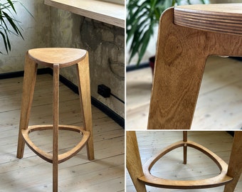 Bar stool  in brown, plywood furniture, three legged stool, 24" and 26" height, kitchen chair