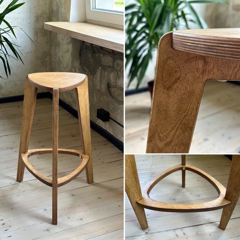 Bar stool in brown, plywood furniture, three legged stool, 24 and 26 height, kitchen chair image 1