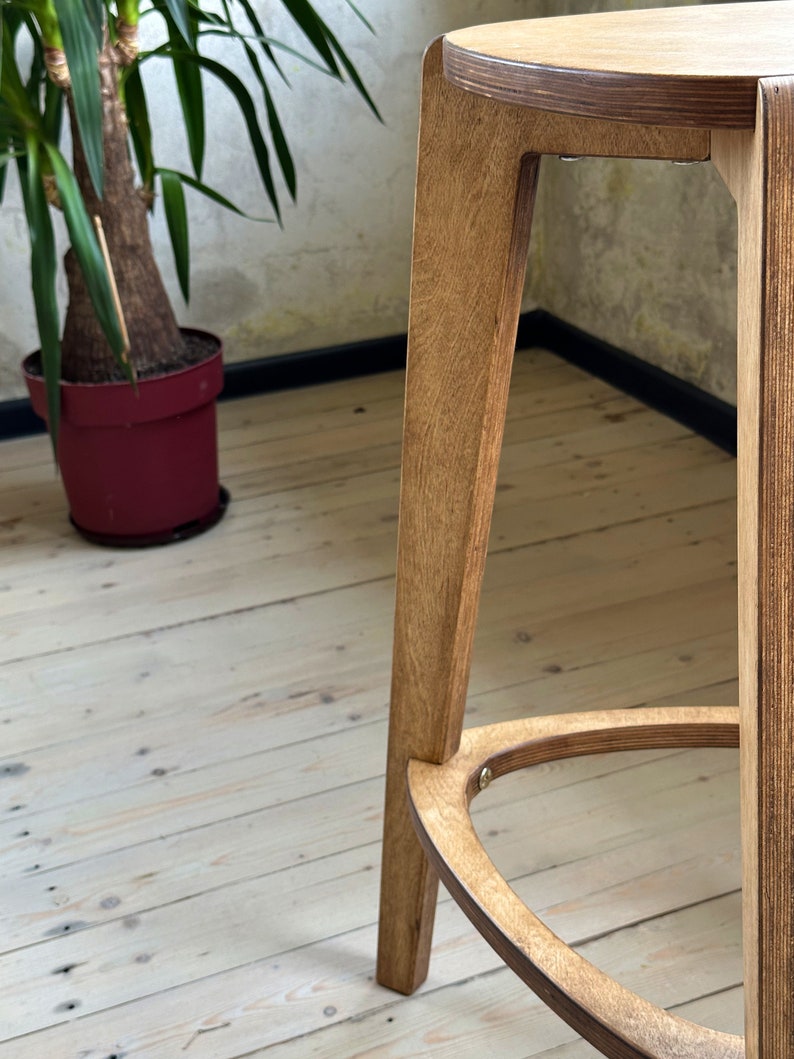 Bar stool in brown, plywood furniture, three legged stool, 24 and 26 height, kitchen chair image 10