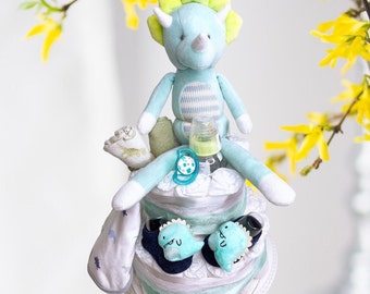 Dinosaur Baby Shower Diaper Cake Centerpiece: Plush Toy, Bib, Socks