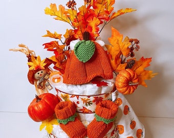 Harvest Pumpkin Diaper Cake: 3-Tier Baby Shower Centerpiece