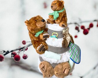 Teddy Bear Diaper Cake, Christmas Baby Shower Gift, Centerpiece