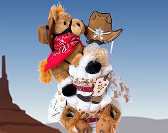 May include: A diaper cake decorated with a brown plush horse wearing a red bandana and a brown cowboy hat. The cake is decorated with blue and white baby blankets, brown booties, and a brown cowboy boot with a yellow star.