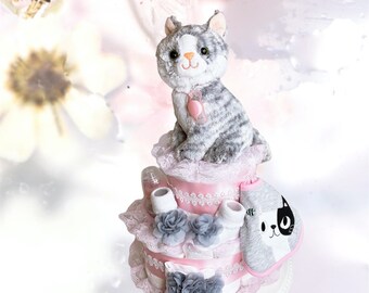 Gâteau de couche de chaton, Cadeau de fête de bébé pour fille, Gâteau de couche de chat, Pièce maîtresse