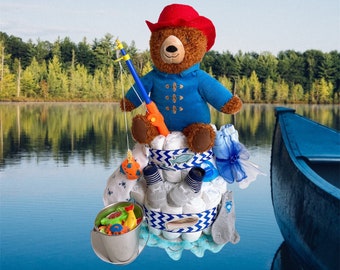 Fisherman Teddy Bear Diaper Cake: Nautical Baby Shower Centerpiece
