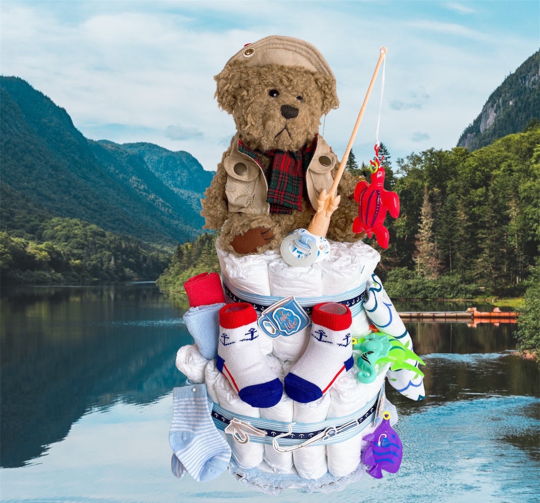 Fisherman Diaper Cake, Teddy Bear Diaper Cake, Nautical Themed