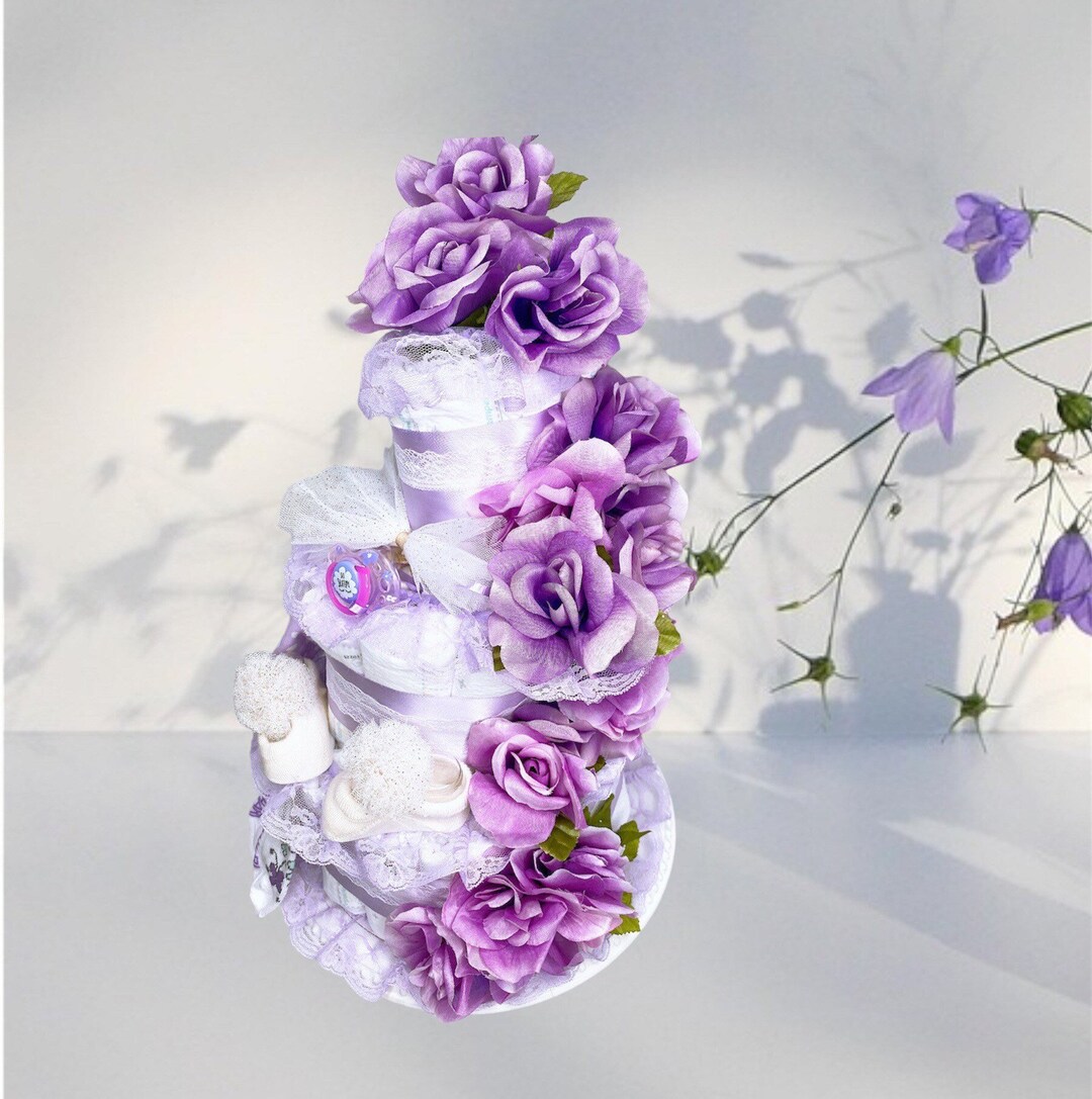 Purple Roses Diaper Cake: 3-tier Baby Shower Centerpiece - Etsy