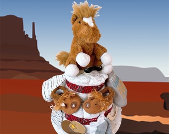 May include: A diaper cake decorated with a brown plush horse, a red bandana, and a cowboy hat. The cake is made of diapers, baby socks, and other baby essentials. It is a great gift for a baby shower or new parents.