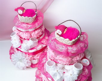 Twins Diaper Cakes, Girls Diaper Cake, Flower Diaper Cake