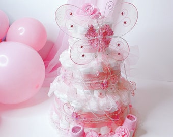 Butterfly Diaper Cake, Girl Diaper Cake, Centerpiece, Pink Diaper Cake