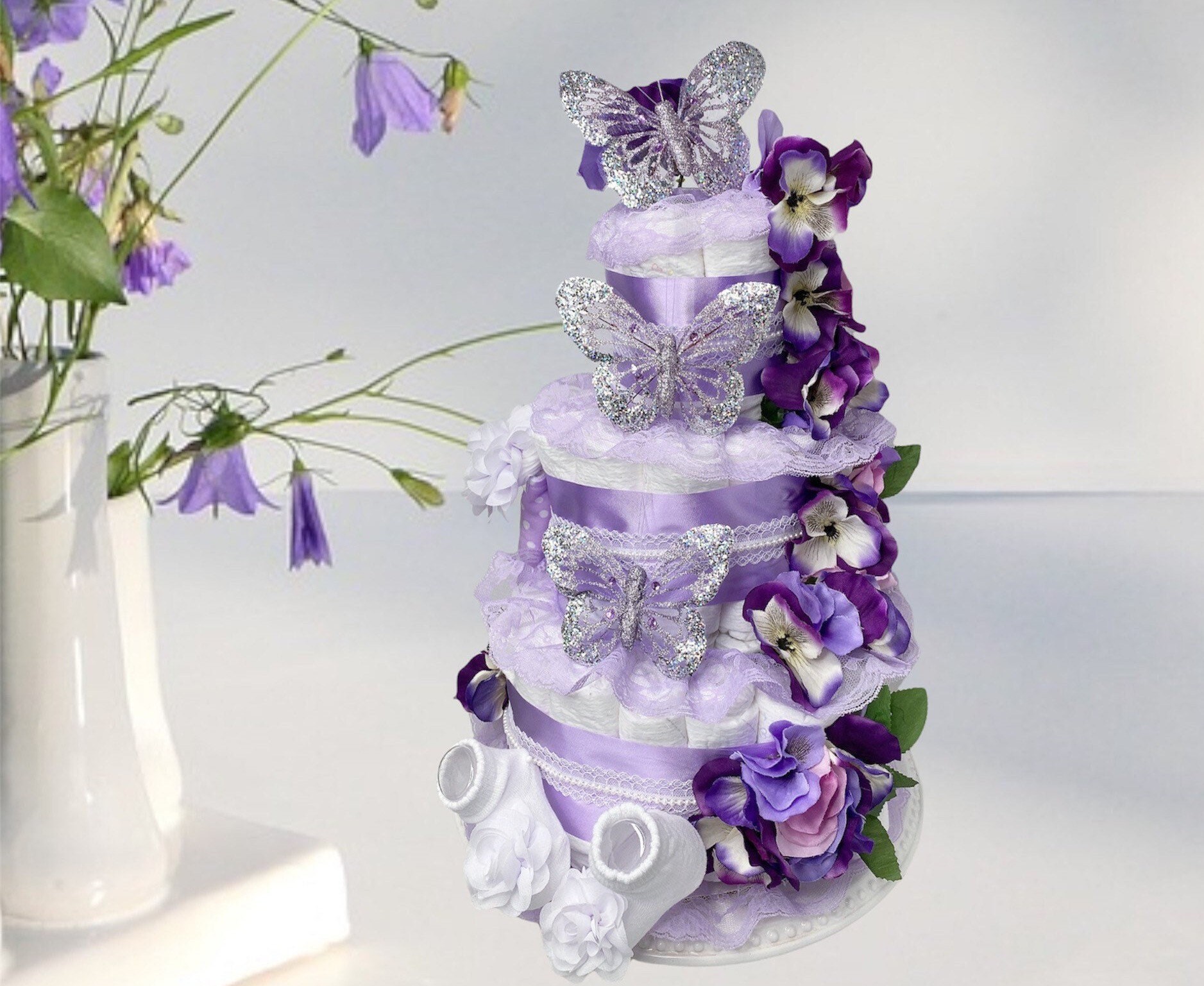 Butterfly Diaper Cake Flowers Diaper Cake Purple Flowers Cake Centerpiece