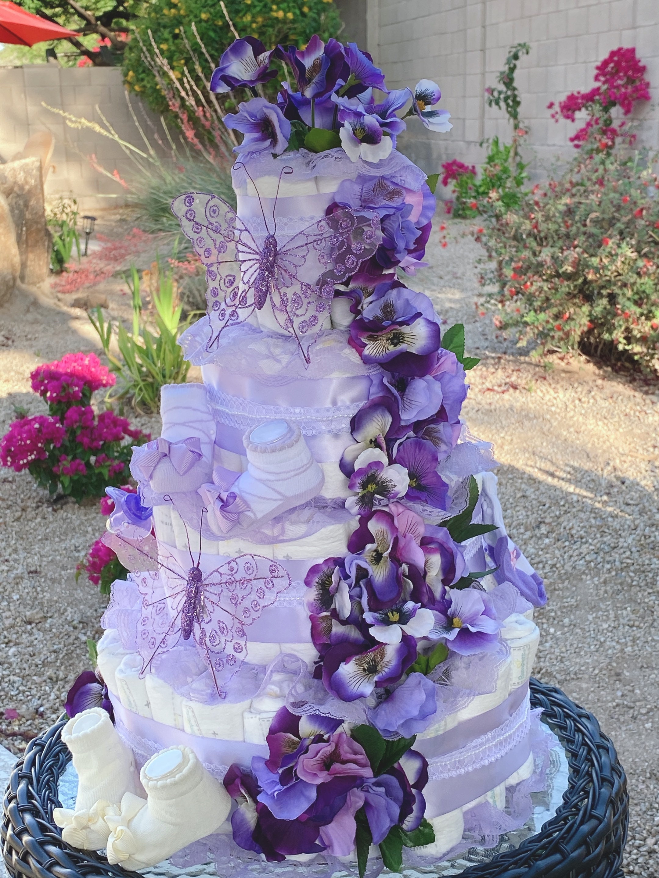 Flowers Diaper Cake 4 tiers Butterflies Diaper Cake Flowers themed Centerpiece
