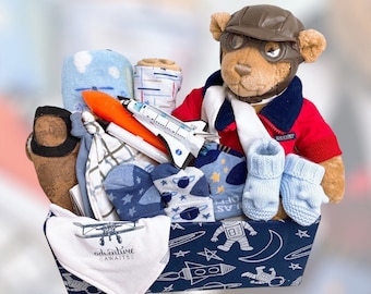 Aviator Pilot Baby Boy Gift Basket, Newborn Gift Set, Baby Boy Gift Box, Baby Boy Shower Gift