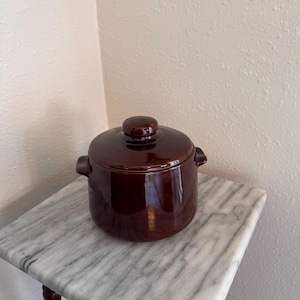 Puede incluir: Una olla de cerámica de color marrón oscuro con tapa a juego y dos asas laterales. La olla tiene un acabado liso y brillante, con una forma cilíndrica y una base ligeramente redondeada. La tapa cuenta con un pequeño pomo central.