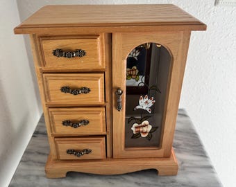 Vintage Blond Oak Jewelry Box, Mirrored, Felt Lined, Cottage Style Storage