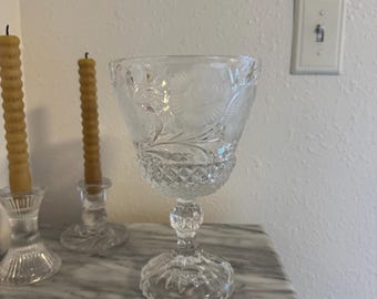 Vintage Rose Crystal Hand Cut Clear Footed Pedestal Bowl