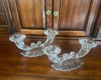 Pair of Vintage Heisey Warwick Clear Glass Double Light Candlestick Holders, Cornucopia Design, Pretty Depression Glass Candle Holders