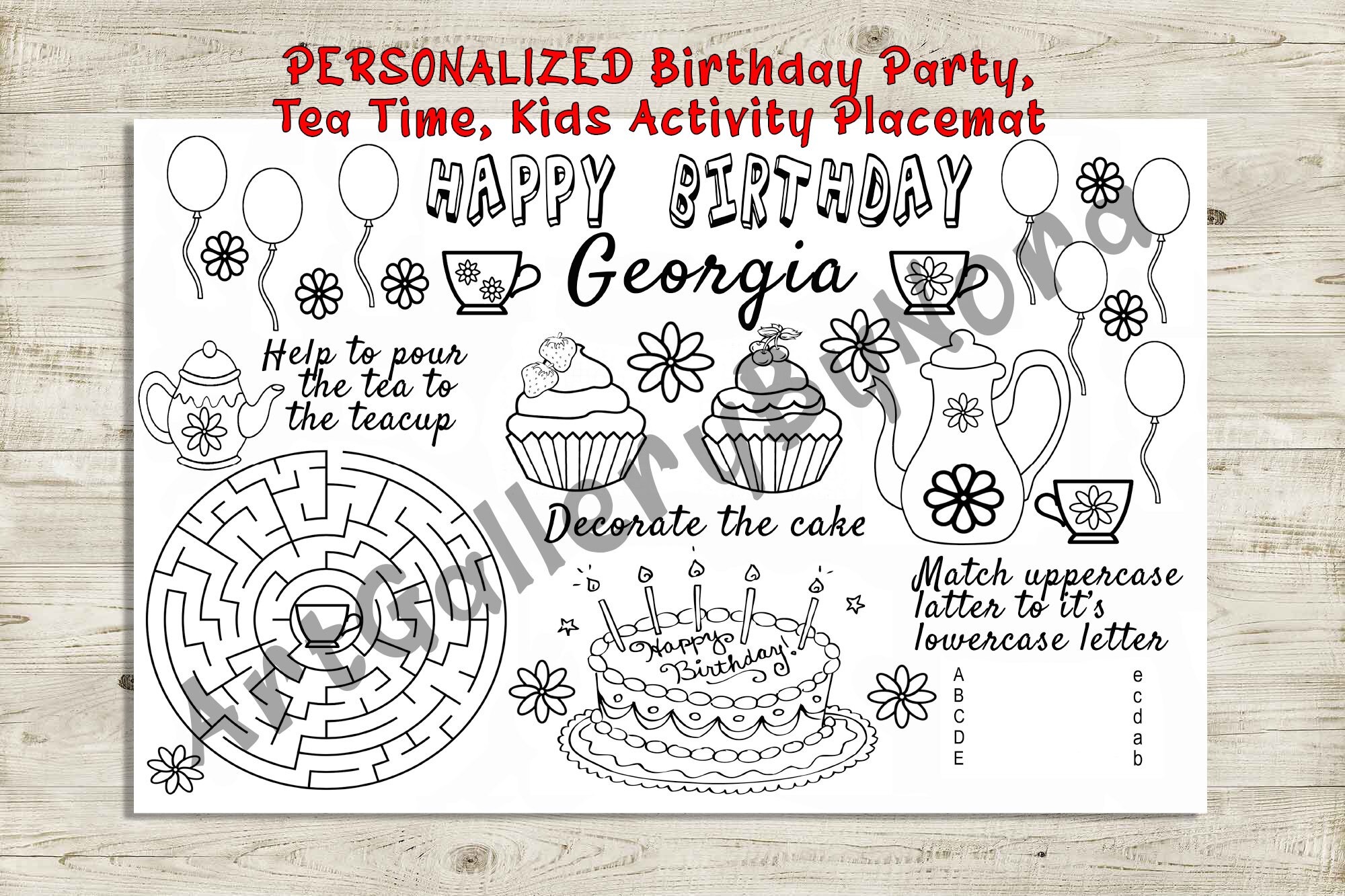 Tea party Birthday Kids activity placemat coloring pages | Etsy