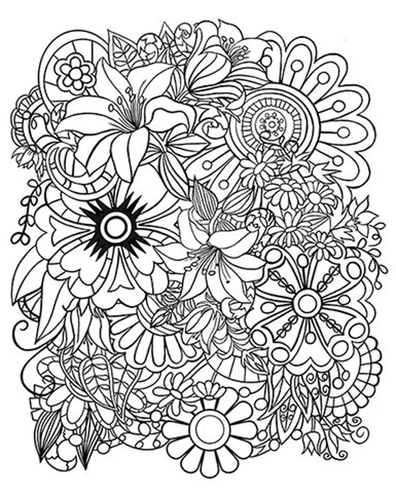 Doodles Flowers Coloring Pages Coloring for adults pdf | Etsy