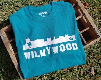 Wilmington NC Skyline T-Shirt, Wilmywood Cape Fear Teal Tee