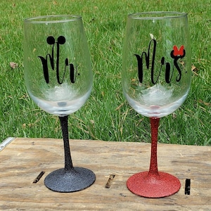 Disney Theme Mr. Mrs. Glitter Stemmed Wine Glasses - Single or Set of Hand Made 18.5 oz Wine Glass - Handmade Wedding Newlywed Gift Present