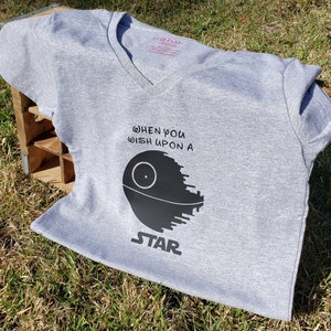 When You Wish Upon a Death Star T-Shirt - Star Wars Disney Themed Shirt - Gray - Family Vacation - Back to School - Youth Adult V-Neck