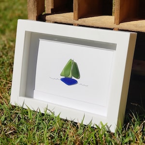 Sea Beach Glass Art - Nautical Decor - Sailboat Framed 5" x 7" Artwork - Green White Cobalt Blue - Beach House Framed Art
