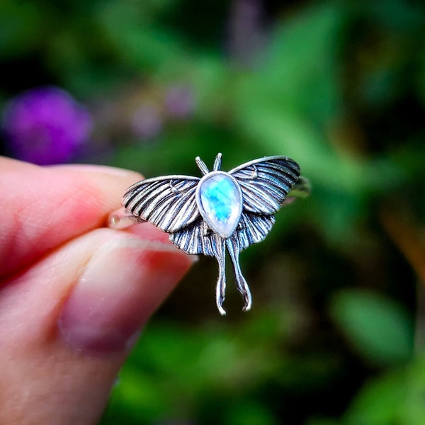 Silver Moonstone Mini Luna Moth Ring