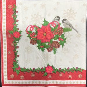4 Paper Napkins For Decoupage | Decoupage Napkins | Vintage birds  poinsettia  |  Napkin for Decoupage | Paper Serviette | Decoupage Prints