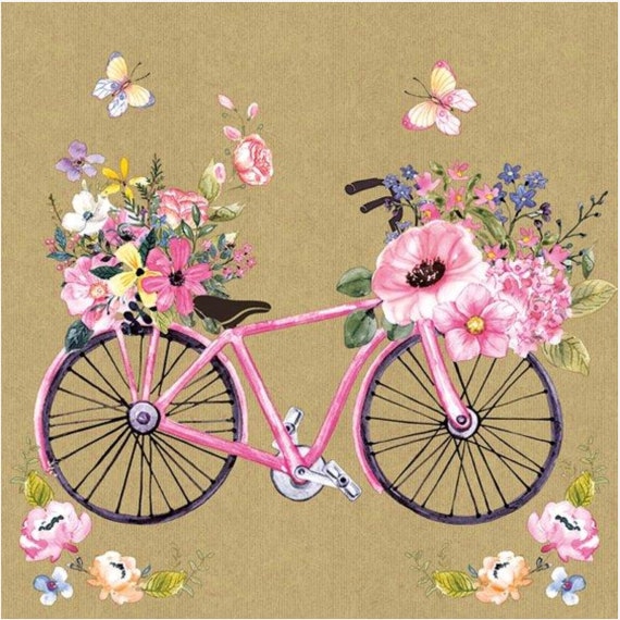 4 Paper Napkins For Decoupage | 4 Decoupage Napkins | Floral Bike | Napkin  for Decoupage | Paper Serviette | Decoupage Prints 