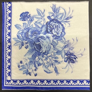 4 Paper Napkins For Decoupage |  Vintage French Country Blue Rose |  Napkin for Decoupage | Paper Serviette | Decoupage Prints