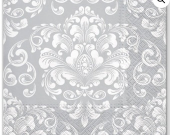 Silver Wedding Pattern Paper Napkins | Elegant Floral Decoupage, Set of 4