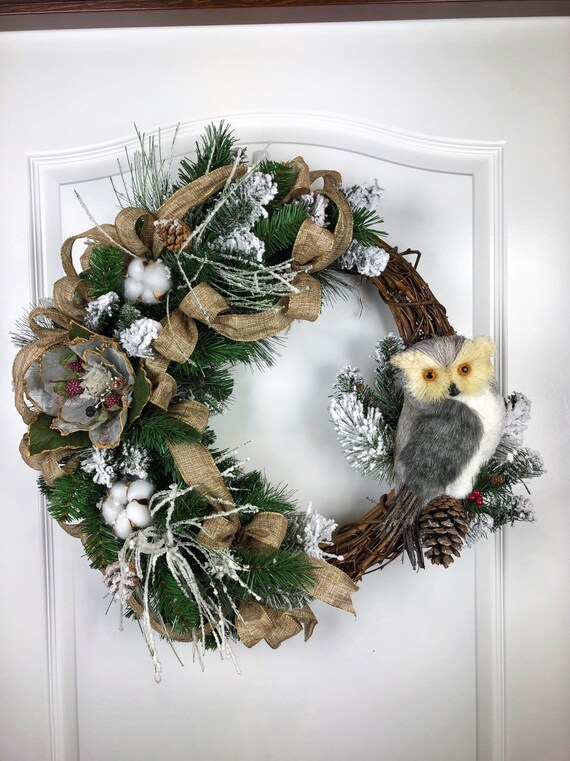 Winter Wreath Cotton Wreath Owl Wreath Diane's Designs | Etsy