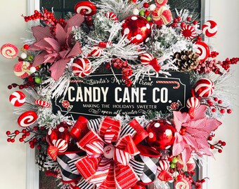 Winter Holiday Candy Cane Co. Wreath for Your Door | Peppermint Candy Wreath | Red  And White Wreath | Poinsettia Winter Wreath | Gift