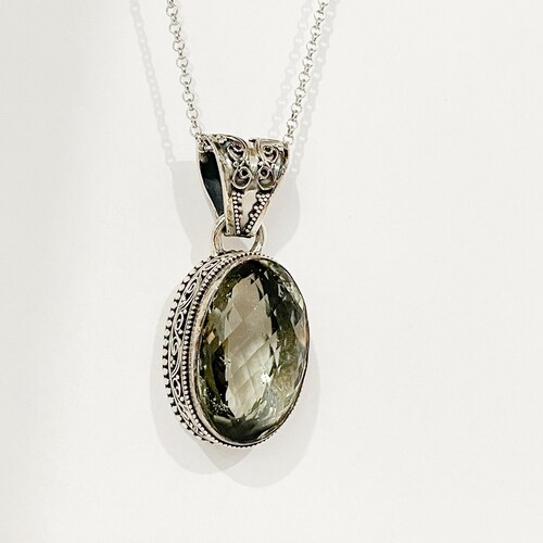 Natural Green Amethyst Faceted Oval cut pendant with 925 sterling silver fashion chain