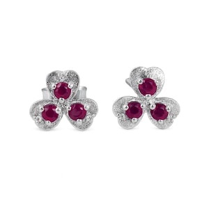 Ruby Cabochon Round Cut Red Flower Push Back Stud Earring 14K White Gold Finish