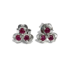 Ruby Cabochon Round Cut Red Flower Push Back Stud Earring 14K White Gold Finish