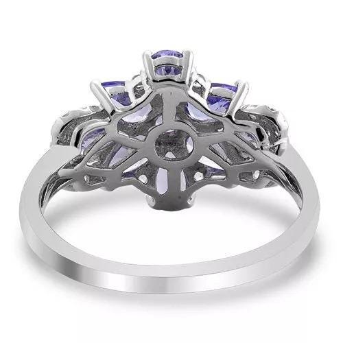 Genuine Tanzanite & Blue Topaz Sterling Silver Ring - White Gold Plated, Tulip Flower Design, Size 6 - View #6