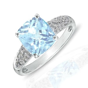 NATURAL AQUAMARINE SOLITAIRE Cushion cut & white Topaz Sterling silver ring