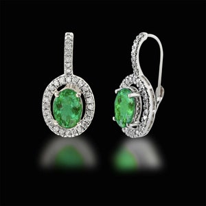 Natural Colombian Emerald & Diamond,  Halo Dangle Earring Solid White Gold