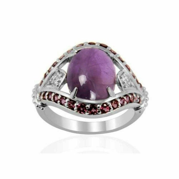 Natural Amethyst Cabochon cut and Red Spinel Rarities Sterling Silver Ring